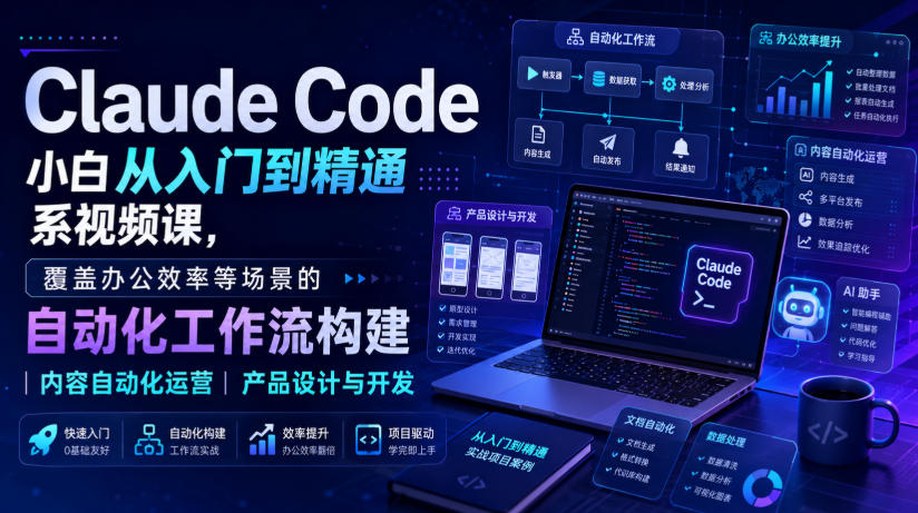 Claude Code小白从入门到精通系视频课，覆盖办公效率等场景的自动化工作流构建|内容自动化运营|产品设计与开发-课程网
