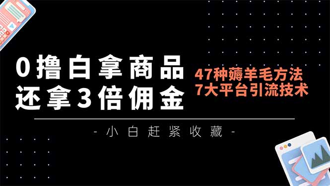 0撸白拿商品，还拿3倍佣金，47种薅羊毛方法，7大平台全方位引流技术教学，精专月入过万-课程网