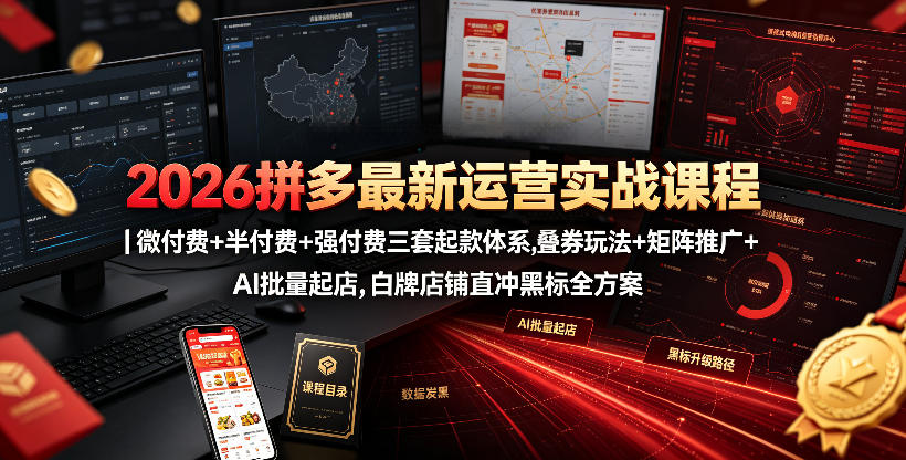 2026拼多多最新运营实战课程｜微付费+半付费+强付费三套起款体系，叠券玩法+矩阵推广+AI批量起店，白牌店铺直冲黑标全方案-课程网