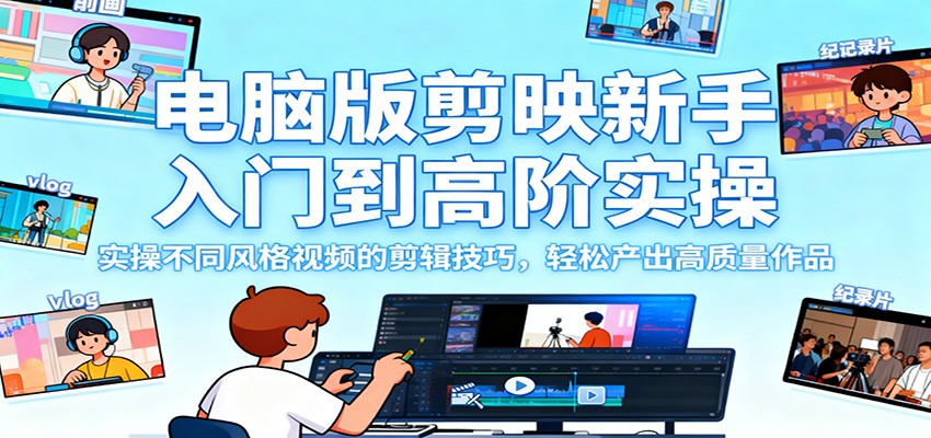 电脑版剪映新手入门到高阶实操，实操不同风格视频的剪辑技巧，轻松产出高质量作品-课程网