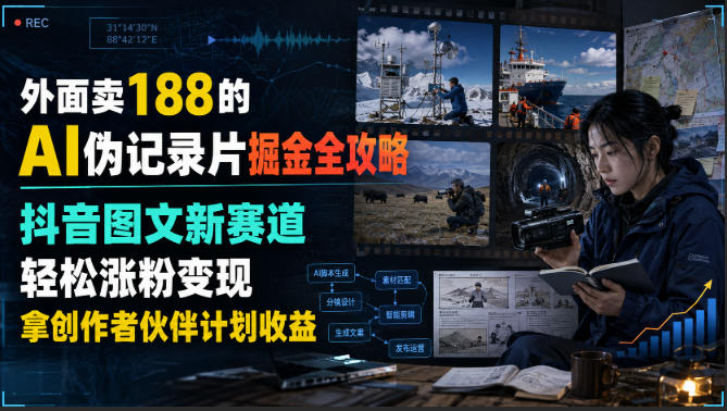 外面卖188的AI伪记录片掘金全攻略，抖音图文新赛道，轻松涨粉变现，拿创作者伙伴计划收益【文档】-课程网