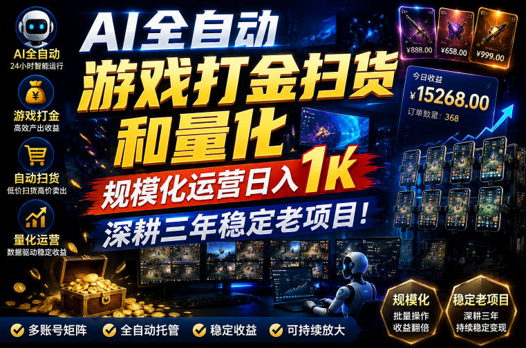 AI全自动游戏打金扫货和量化，规模化运营日入1k，深耕三年稳定老项目！【揭秘】-课程网