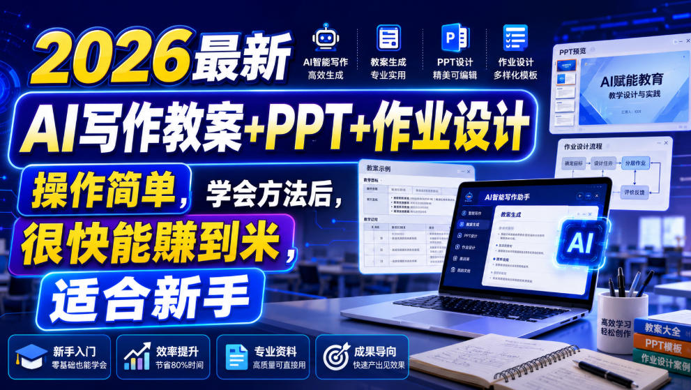 2026最新AI写作教案+PPT+作业设计，操作简单，学会方法后，很快能賺到米，适合新手-课程网