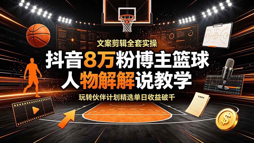 （19135期）抖音8万粉博主篮球人物解说教学，文案剪辑全套实操，玩转伙伴计划精选单日收益破千-课程网