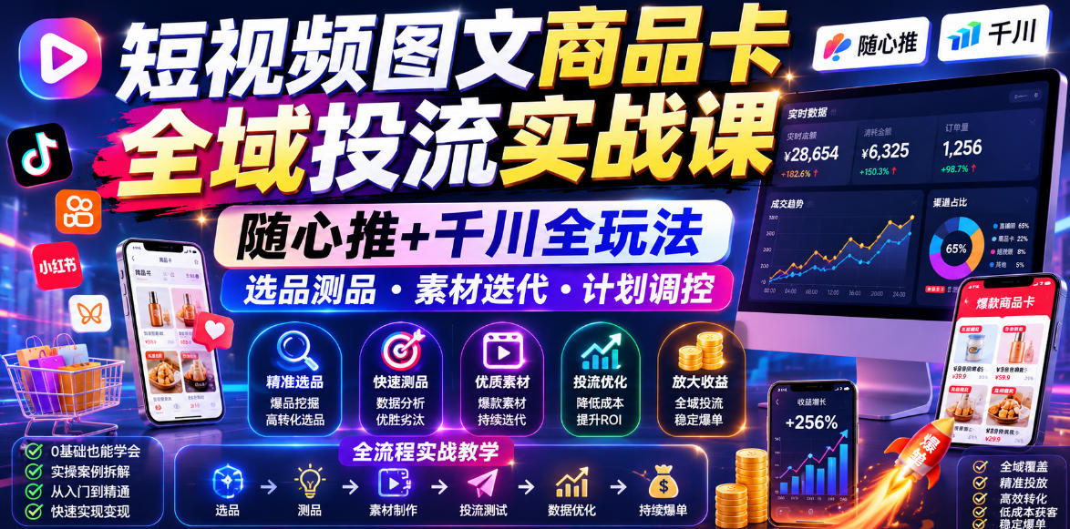 短视频图文商品卡全域投流实战课，随心推+千川全玩法，选品测品・素材迭代・计划调控，提升ROI爆单增收教程-课程网