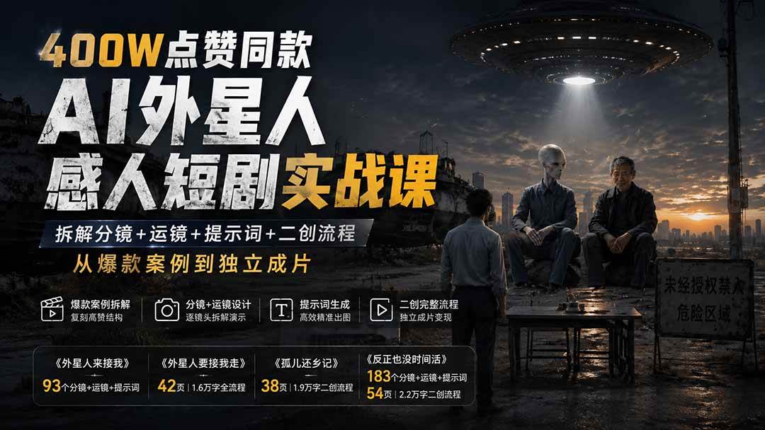（20052期）400W点赞同款AI外星人感人短剧实战课：拆解分镜+运镜+提示词+二创流程，从爆款案例到独立成片