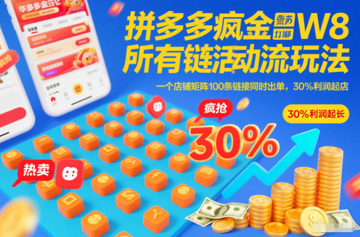 拼多多疯狂活动流玩法，所有链接全部打标，一个店铺矩阵100条链接同时出单，30%利润起店-课程网