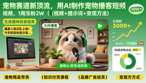 宠物赛道新顶流，用AI制作宠物播客短视频，1周涨粉2W（视频+提示词+变现方法）-课程网