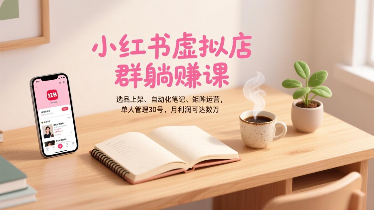 小红书虚拟店群躺赚课，选品上架、自动化笔记、矩阵运营，单人管理30号，月利润可达数万-课程网
