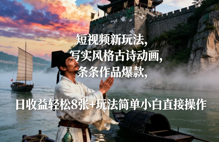 短视频新玩法，写实风格古诗动画，条条作品爆款，日收益轻松8张+玩法简单小白直接操作-课程网