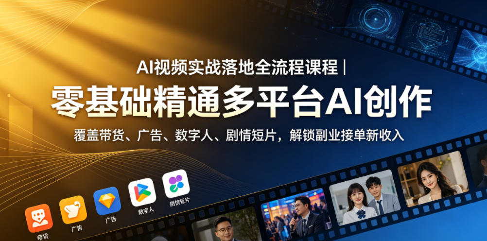 AI视频实战落地全流程课程｜零基础精通多平台AI创作，覆盖带货、广告、数字人、剧情短片，解锁副业接单新收入-课程网