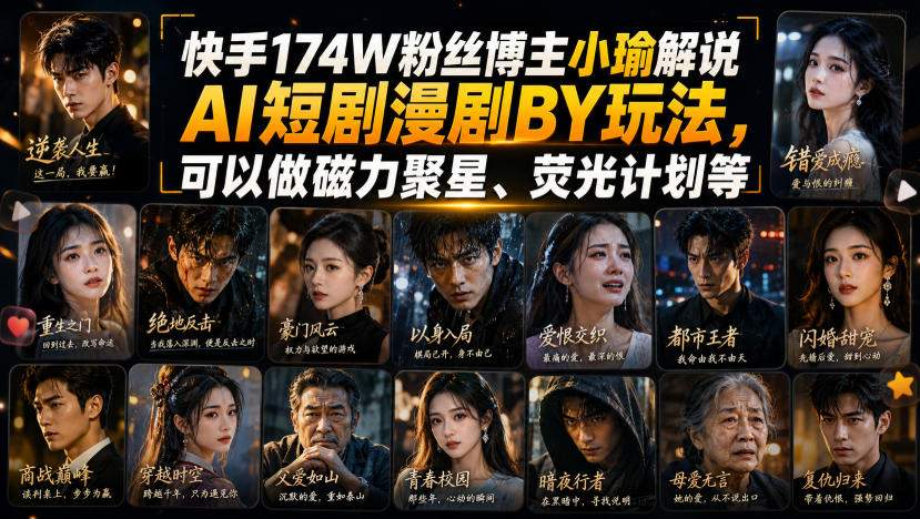快手174W粉丝博主小瑜解说AI短剧漫剧搬运玩法，可以做磁力聚星、荧光计划等-课程网