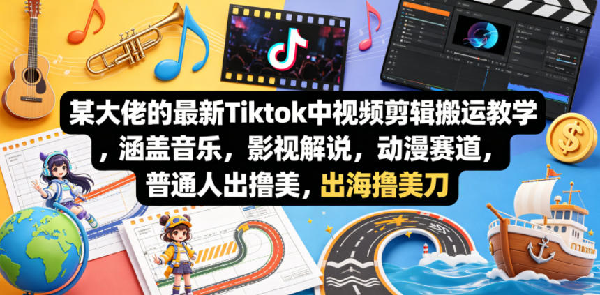某大佬的最新Tiktok中视频剪辑搬运教学，涵盖音乐，影视解说，动漫赛道，普通人出海撸美刀-课程网