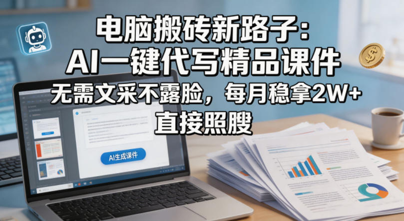 电脑搬砖新路子：AI一键代写精品课件，无需文采不露脸，每月稳拿2W+，直接照搬-课程网