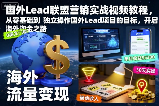国外Lead联盟营销实战视频教程，从零基础到独立操作国外Lead项目的目标，开启海外淘金之路-课程网