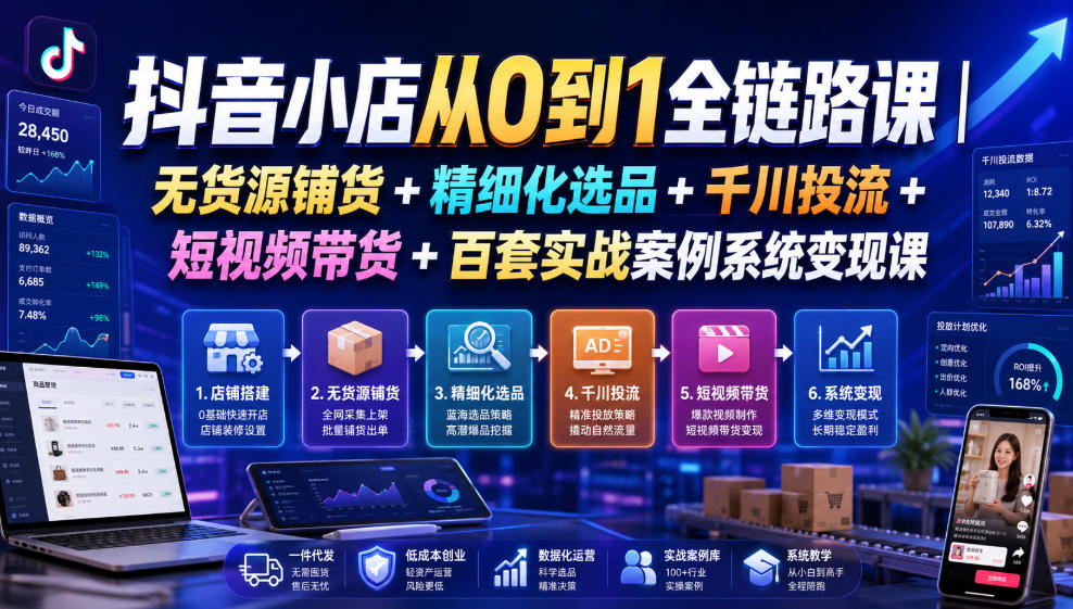 抖音小店从0到1全链路课｜无货源铺货+精细化选品+千川投流+短视频带货+百套实战案例系统变现课（2026年7月更新）-课程网