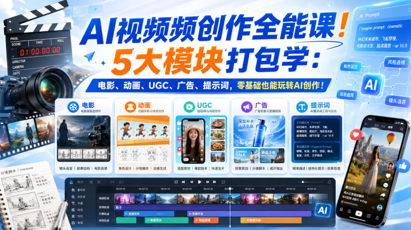 AI视频频创作全能课！5大模块打包学：电影、动画、UGC、广告、提示词，零基础也能玩转AI创作！【原创双语字幕】-课程网