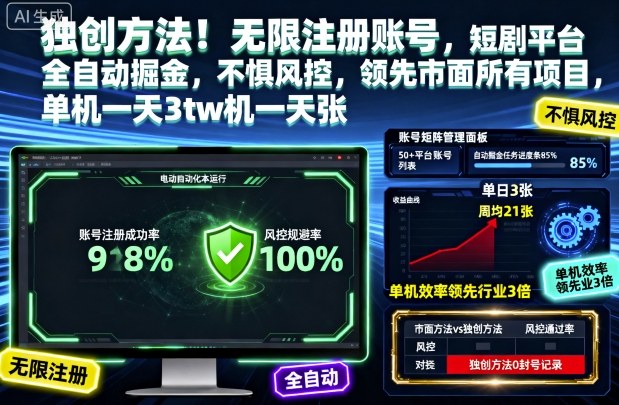 独创方法！无限注册账号，短剧平台全自动掘金，不惧风控，领先市面所有项目，单机一天3张【揭秘】-课程网