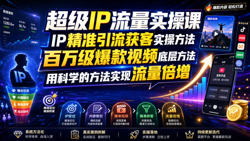 超级IP流量实操课，IP精准引流获客实操方法，百万级爆款视频底层方法，用科学的方法实现流量倍增-课程网