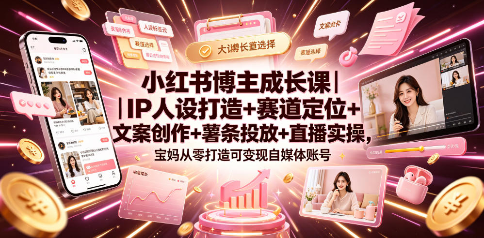 小红书博主成长课｜IP人设打造+赛道定位+文案创作+薯条投放+直播实操，宝妈从零打造可变现自媒体账号-课程网