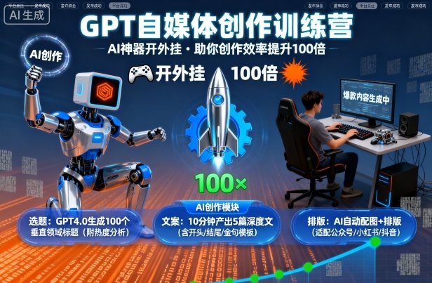 GPT自媒体创作训练营：AI神器开外挂，助你创作效率提升100倍-课程网