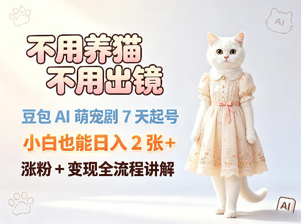 不用养猫不用出镜，豆包AI萌宠剧7天起号，小白也能日入2张+，涨粉+变现全流程讲解-课程网