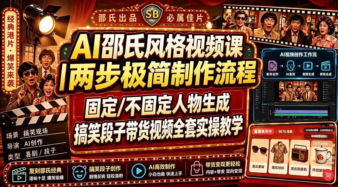 （19602期）AI邵氏风格视频课｜两步极简制作流程，固定/不固定人物生成，搞笑段子带货视频全套实操教学-课程网