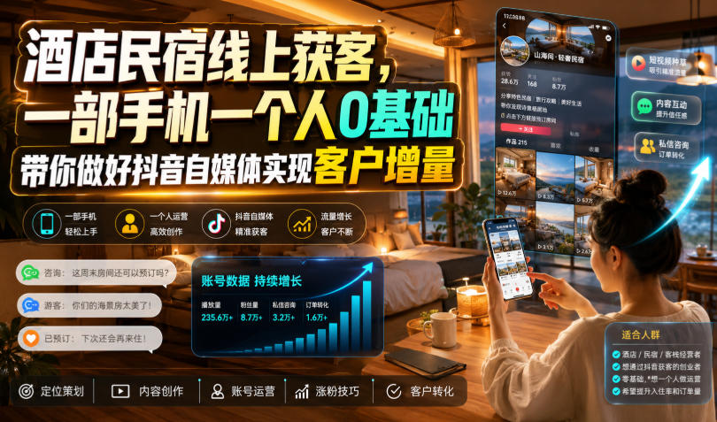 酒店民宿线上获客，一部手机一个人0基础带你做好抖音自媒体实现客户增量-课程网