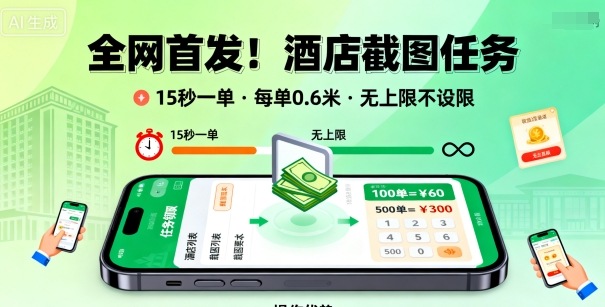 全网首发！酒店截图任务，15秒一单，每单0.6米，任务无上限不设限，矩阵操作单日3张到手【揭秘】-课程网