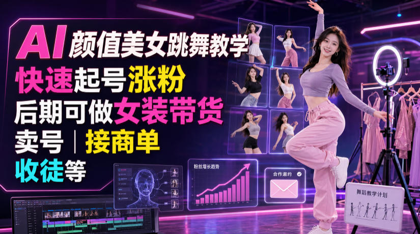 AI颜值美女跳舞教学，快速起号涨粉，后期可做女装带货，卖号，接商单，收徒等-课程网