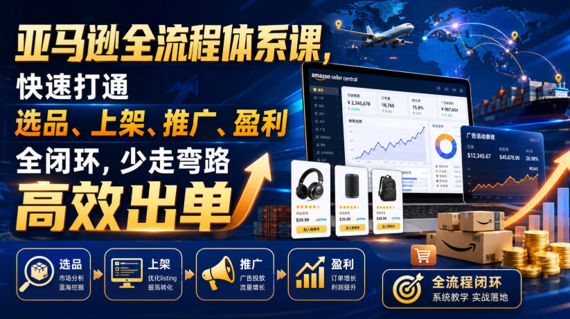 亚马逊全流程体系课，快速打通选品、上架、推广、盈利全闭环，少走弯路高效出单-课程网