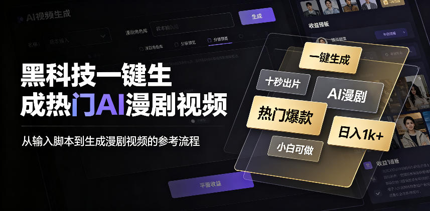 黑科技一键生成热门AI漫剧视频，十秒钟即可搞定，小白也能日入1k+【揭秘】-课程网