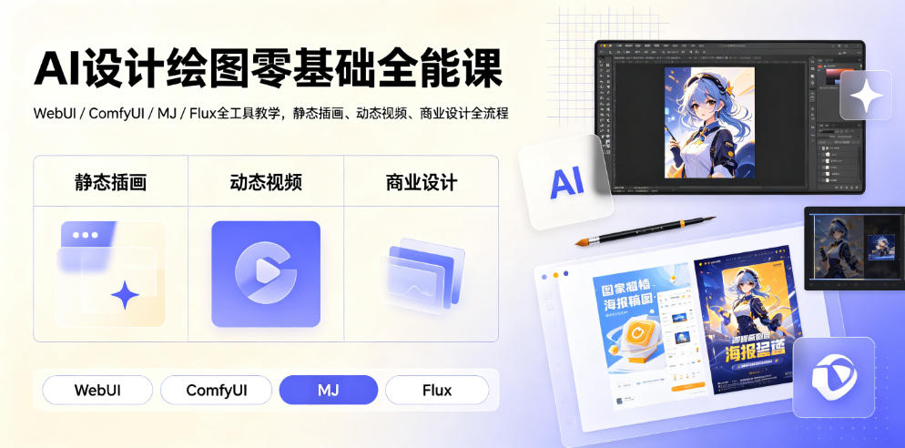AI设计绘图零基础全能课｜WebUI/ComfyUI/MJ/Flux全工具教学，静态插画、动态视频、商业设计全流程-课程网