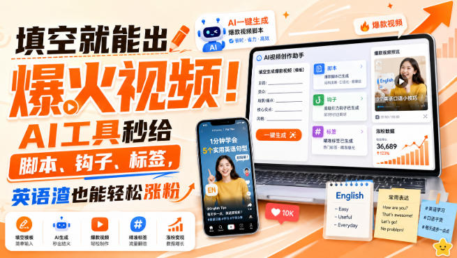 填空就能出爆火视频！AI工具秒给脚本、钩子、标签，英语渣也能轻松涨粉【原创双语字幕】-课程网