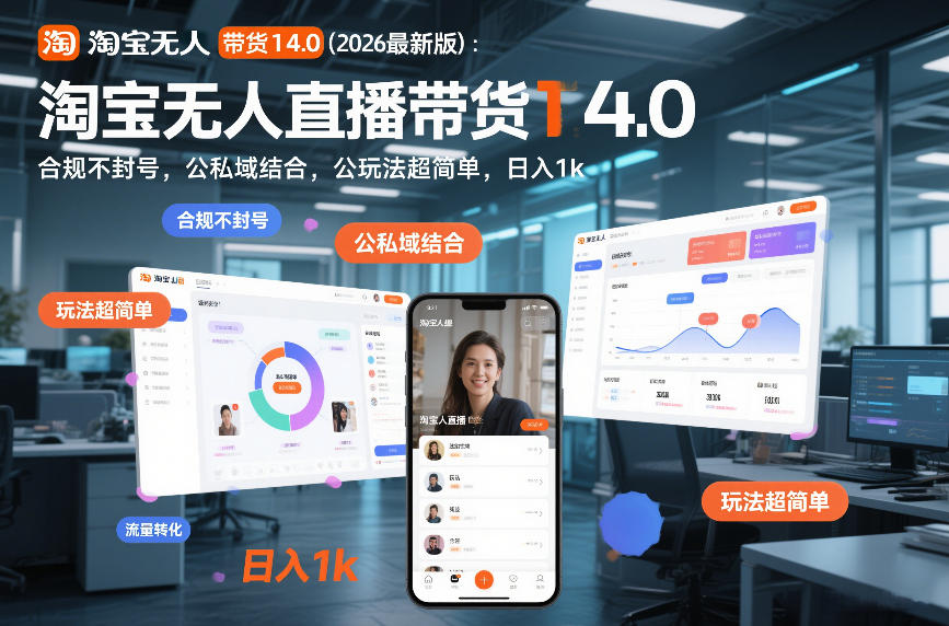 淘宝无人直播带货14.0（2026最新版）：合规不封号，公私域结合，玩法超简单，日入1k+【揭秘】-课程网