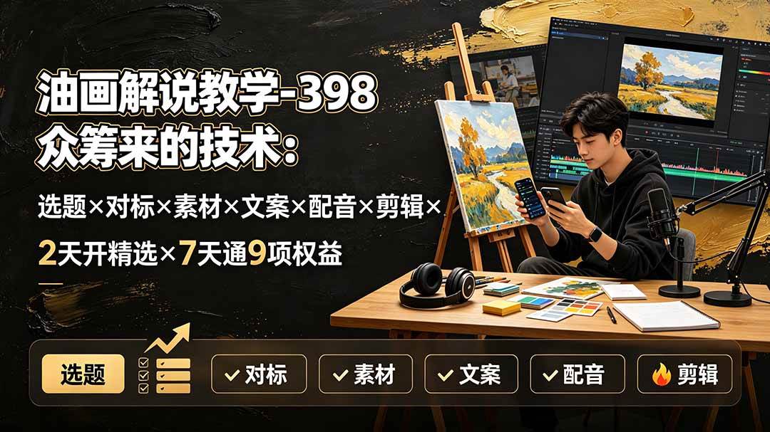 （19587期）油画解说教学-398众筹来的技术-刯新：选题×对标×素材×文案×配音×剪辑×2天开精选×7天通9项权益-课程网