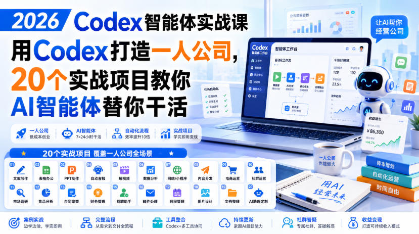 2026 Codex智能体实战课，用Codex打造一人公司，20个实战项目教你AI智能体替你干活-课程网