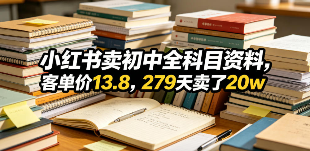 小红书卖初中全科目资料，客单价13.8，279天卖了20w-课程网