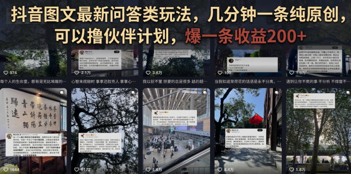 抖音图文最新问答类玩法，几分钟一条纯原创，可以撸伙伴计划，爆一条收益200+-课程网