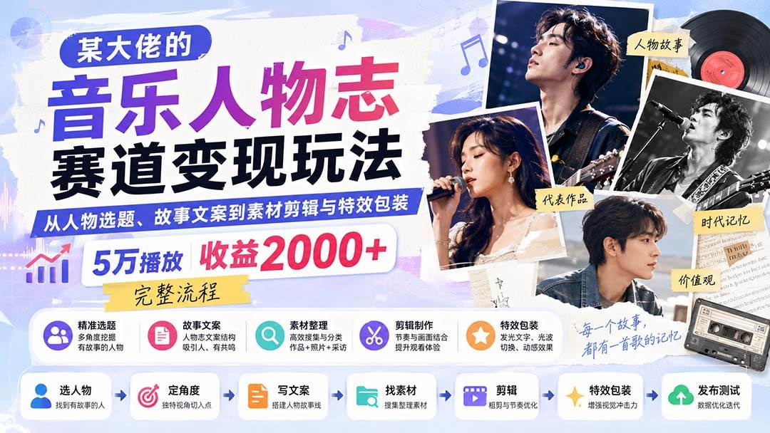 （20121期）某大佬的音乐人物志赛道变现玩法：从人物选题、故事文案到素材剪辑与特效包装，5万播放收益2000+完整流程-课程网