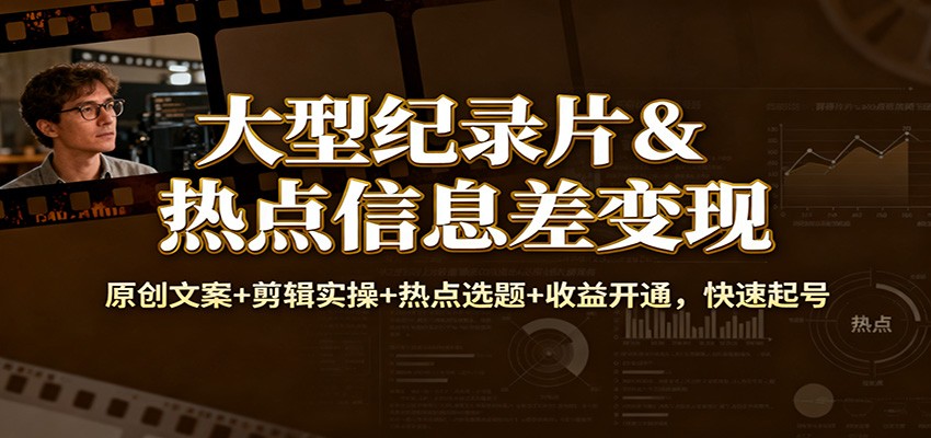 大型纪录片&热点信息差变现：原创文案+剪辑实操+热点选题+收益开通，快速起号-课程网