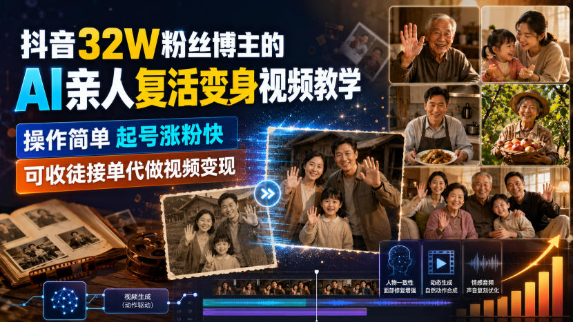 抖音32W粉丝博主的AI亲人复活变身视频教学，操作简单，起号涨粉快，可收徒接单代做视频变现-课程网