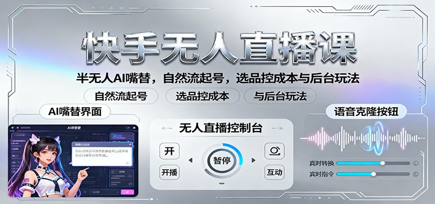 快手无人直播课：半无人AI嘴替，自然流起号，选品控成本与后台玩法-课程网