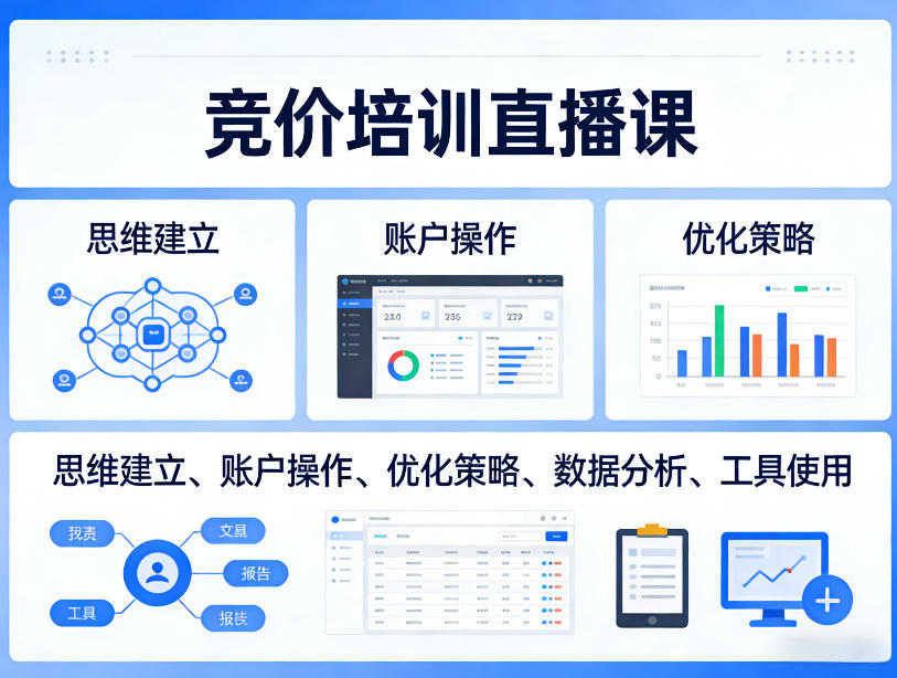 竞价培训直播课，覆盖思维建立、账户操作、优化策略、数据分析、工具使用等，全方位提升效果-课程网