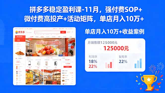 拼多多稳定盈利课-11月，强付费SOP+微付费高投产+活动矩阵，单店月入10w+-课程网