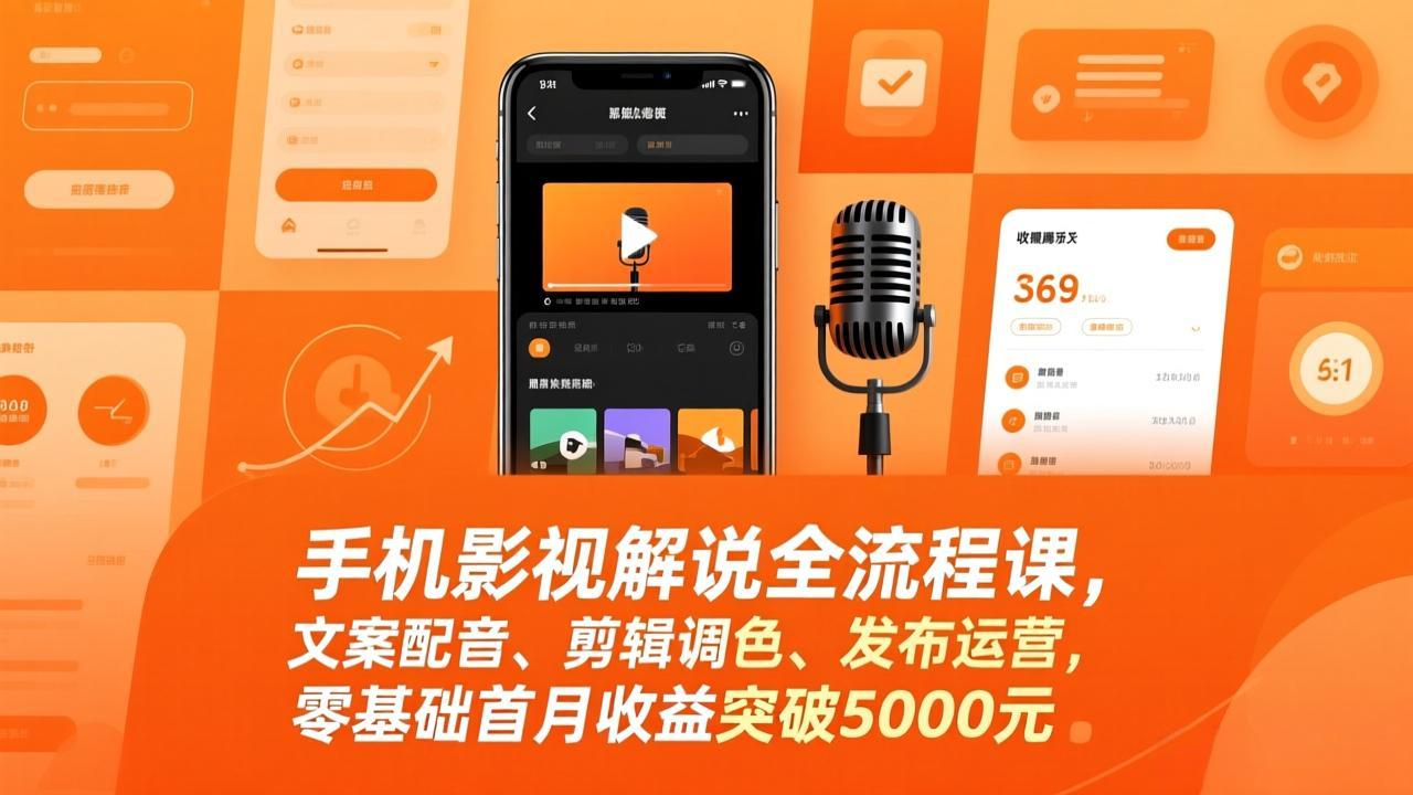 手机影视解说全流程课，文案配音、剪辑调色、发布运营，零基础首月收益突破5000元-课程网