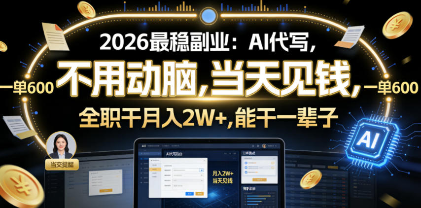 2026最稳副业：AI代写，不用动脑，当天见钱，一单600，全职干月入2W+，能干一辈子【揭秘】-课程网