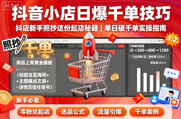 抖音小店日爆千单技巧，抖店新手照抄这份起店秘籍，单日破千单-课程网