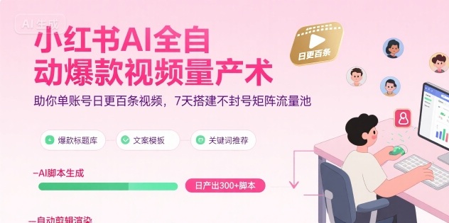 小红书AI全自动爆款视频量产术，助你单账号日更百条视频，7天搭建不封号矩阵流量池（更新8月）-课程网