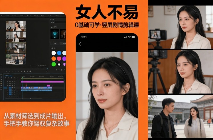 0基础可学！《女人不易》竖屏剧情剪辑课，从素材筛选到成片输出，手把手教你驾驭复杂故事-课程网